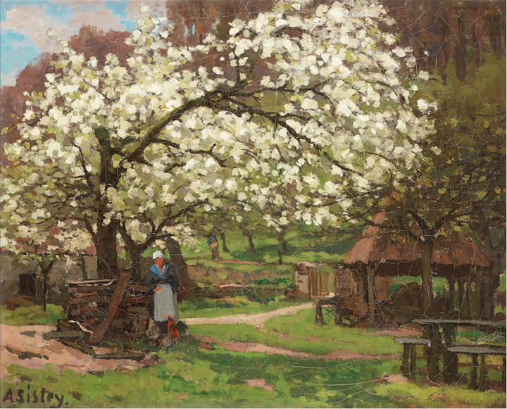 Printemps, paysanne sous les arbres en fleurs