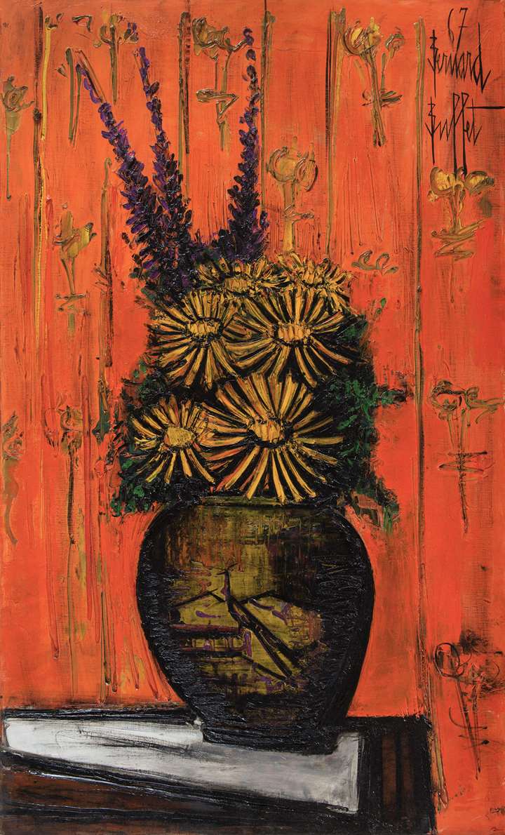 Bouquet au vase chinois, fond orange
