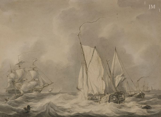 Martinus  Schouman - A Man O&#39;War and fishing boats in a heavy swell off the coast of Dordrecht | MasterArt
