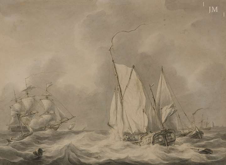 A Man O'War and fishing boats in a heavy swell off the coast of Dordrecht