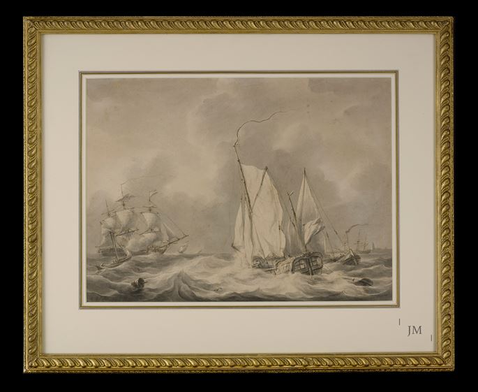 Martinus  Schouman - A Man O&#39;War and fishing boats in a heavy swell off the coast of Dordrecht | MasterArt