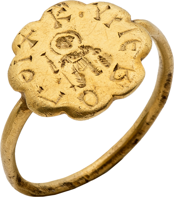 Gold Ring with Engraved Warrior Saint (George?) and Inscription