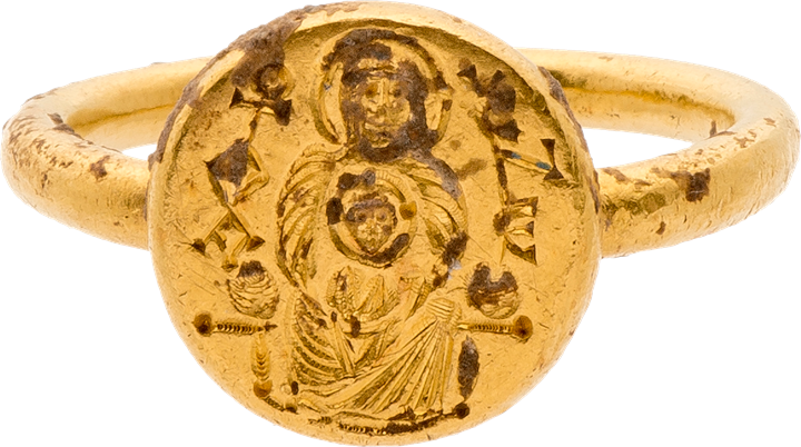 Gold Ring with Engraved Virgin and Child and Inscription
