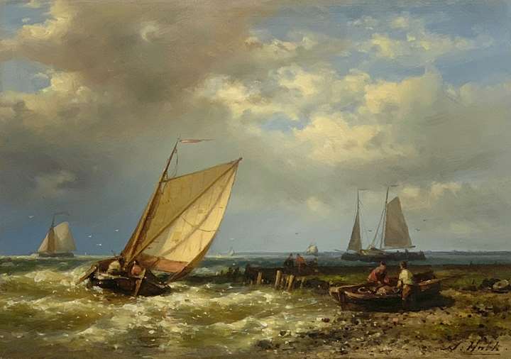 Dutch fishing barges heading offshore in a choppy sea
