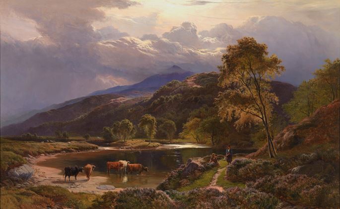Sidney Richard Percy - Near Bettws-y-Coed; Moel Siabod from Capel Curig,  with cattle by the water and figures on the bank | MasterArt