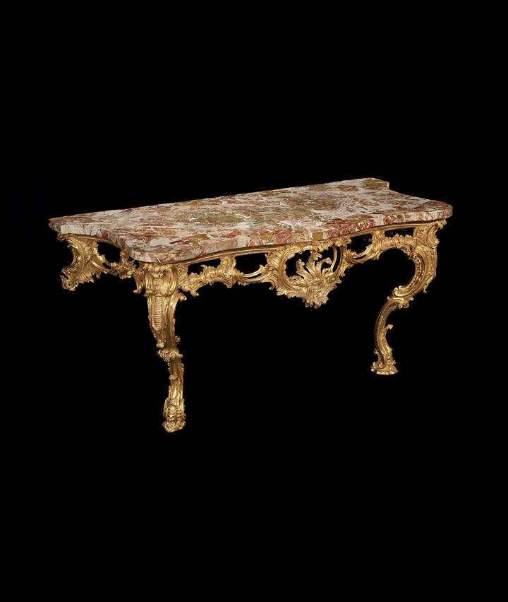 A LARGE GEORGE II GILTWOOD CONSOLE TABLE